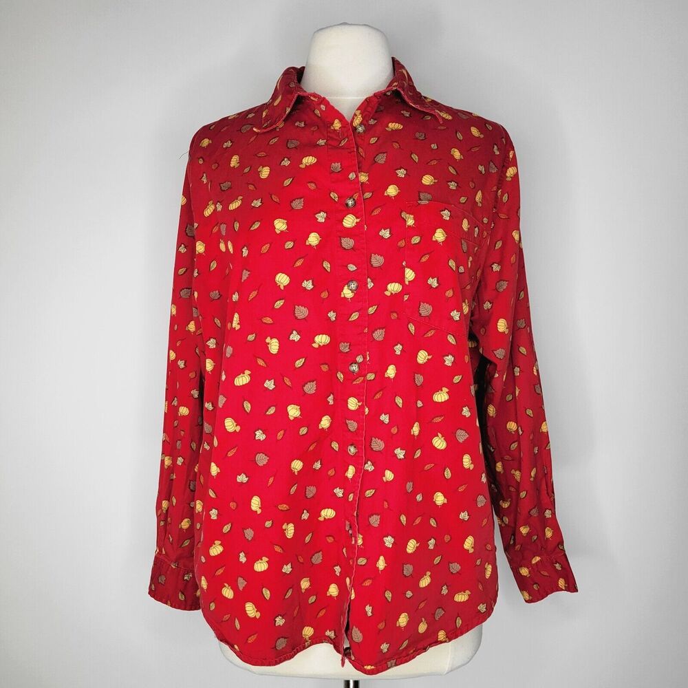 Vintage KAREN SCOTT Red Button Up Shirt Size 1X Fall Autumn Novelty Print Cotton